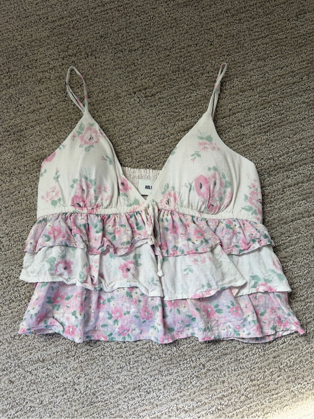 Hollister Pink and White Floral Ruffle Tank